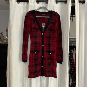 #21 plaid sweater dress plunging neckline V-neck gold hardware buttons